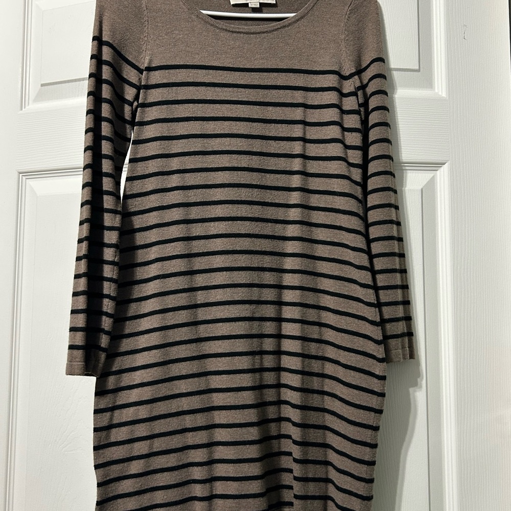 LOFT Taupe and Black Striped Long Sleeve Dress